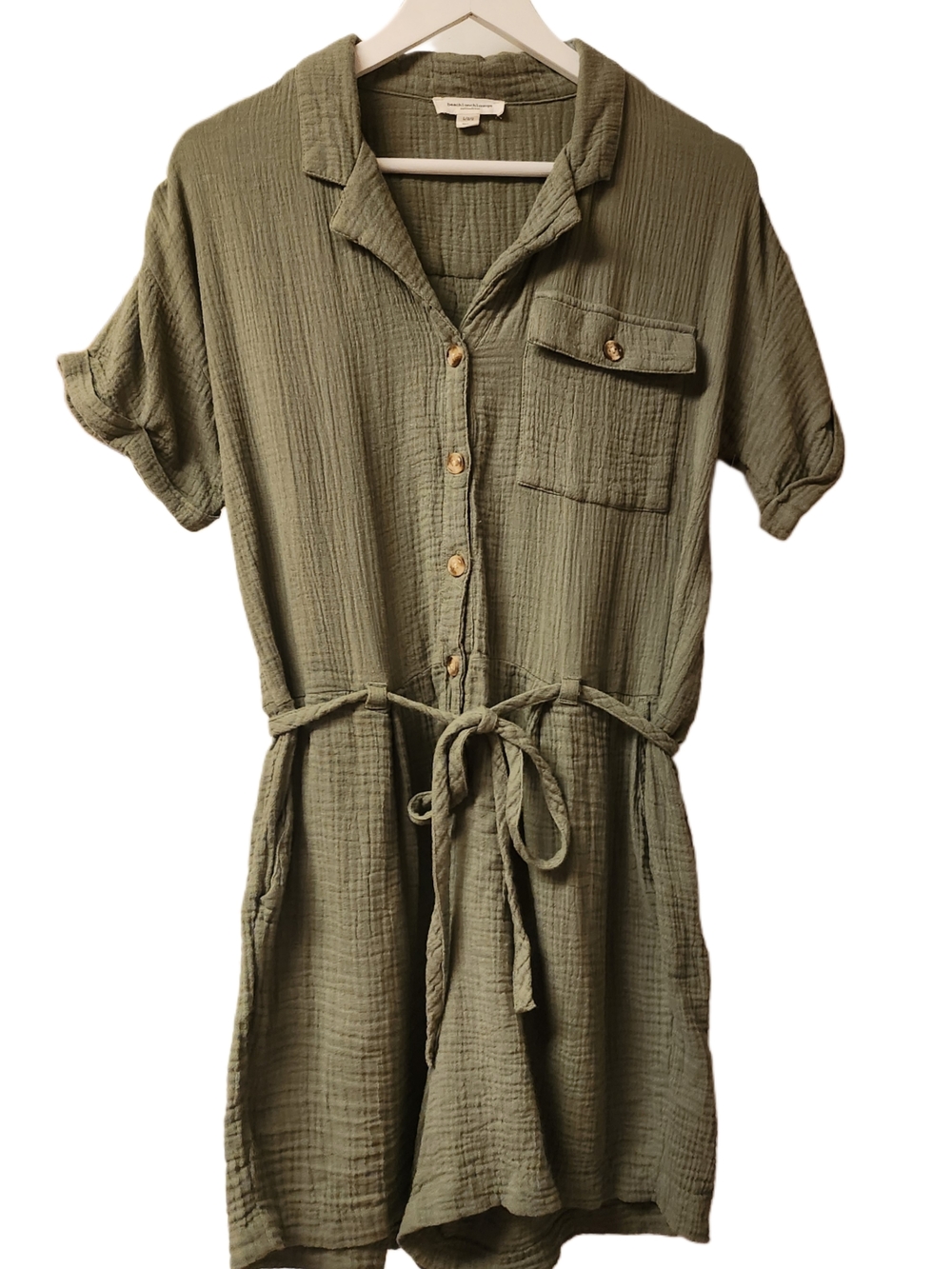 Button Front Olive Green 100% Cotton Gauze Romper with Tie Waist -  Large - New